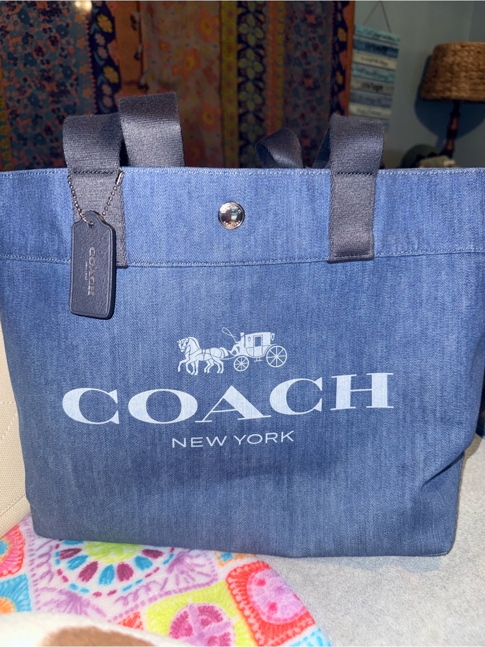 BRAND NEW Coach Denim Tote Bag with White Logo and Black Handles ( no dust bag )